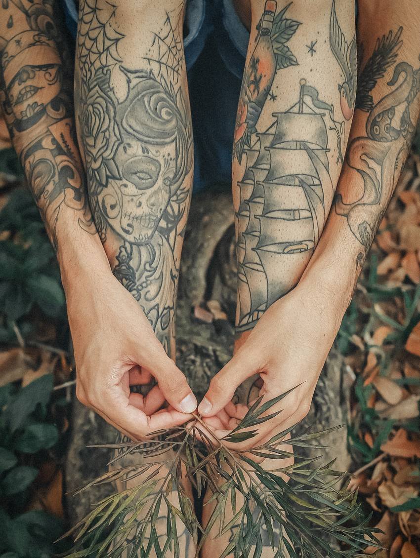 Twee onderarmen met black and grey sleeves met rozen en een zeilschip